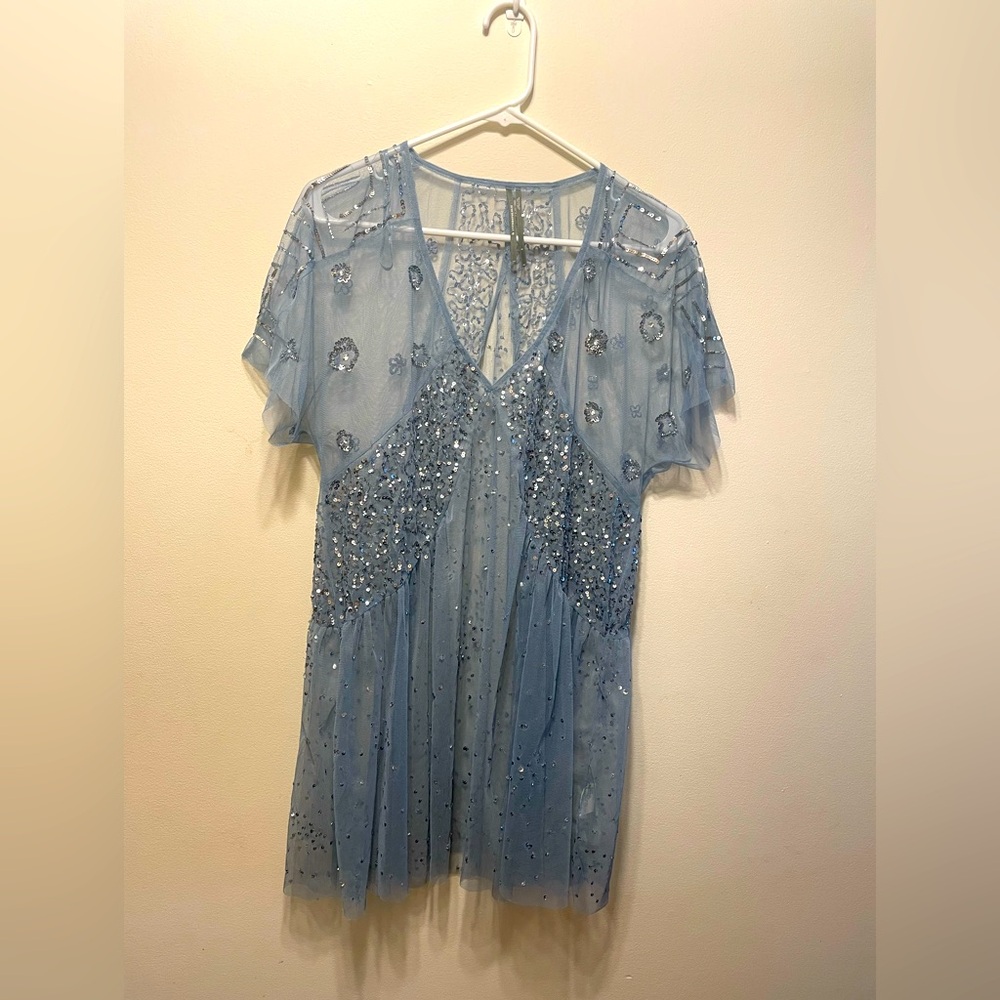 Anthropologie Powder Blue Beaded Sheer Tunic